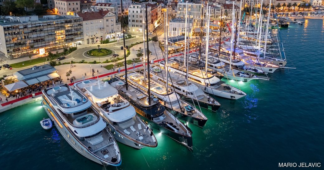 Elevated view looking out over the luxury yacht charters berthed at CROYA Charter Show