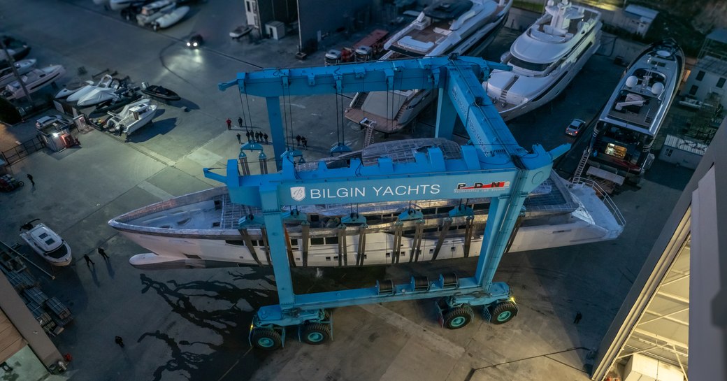 The first Bilgin 170 hull being lifted in a crane