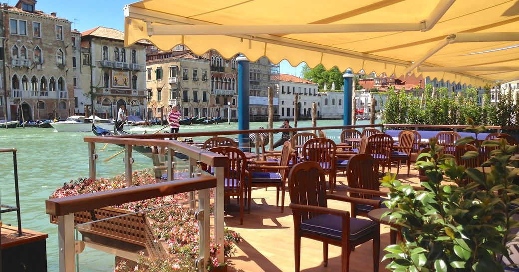 terrace of Bar Longhi overlooks the Grand Canal in Venice, Italy