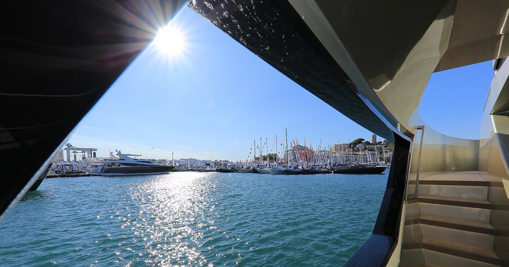 shot of the on-water display at the Cannes Yachting Festival 2017 taken from a motor yacht