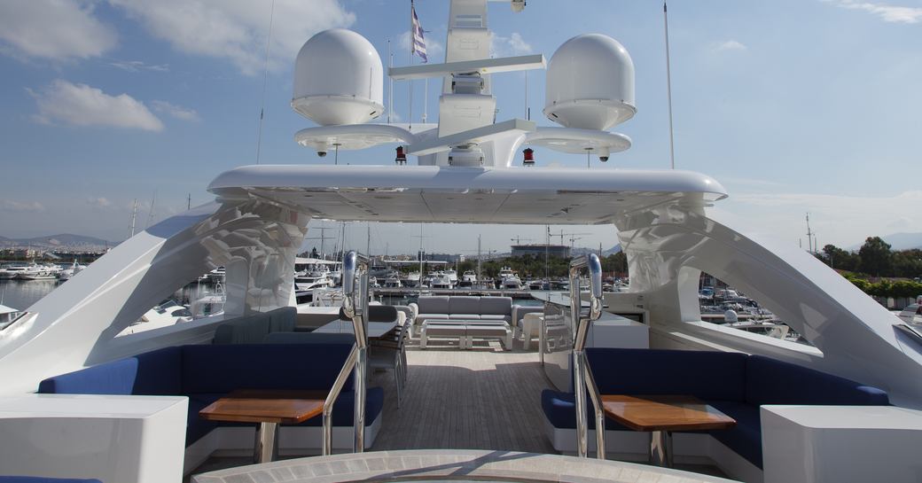 seating areas on sundeck of luxury yacht ‘I Sea’ 