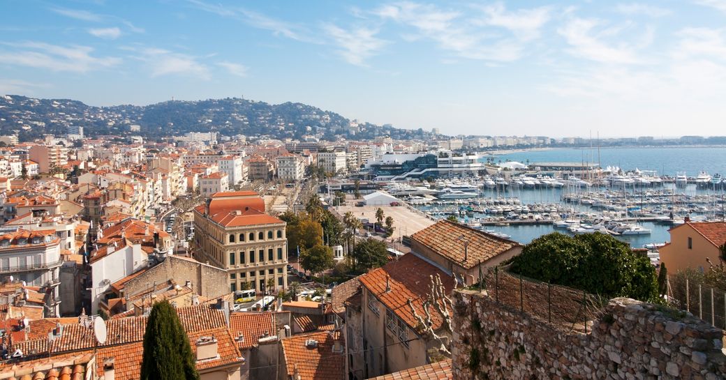 aerial view of Cannes taking in Le Suquet and the harbour