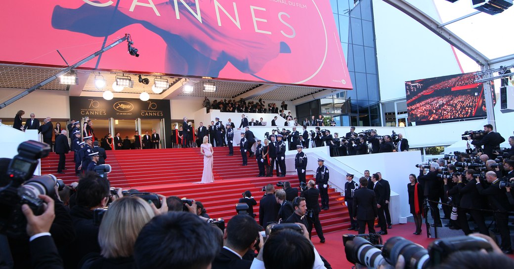 Uma Thurman on steps of Palais des Festival at the Cannes Film Festival