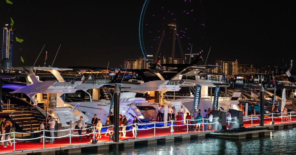 Dubai Harbour at night with Sunseeker motor yachts