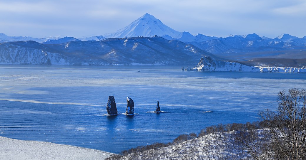 View of Kamchatka sea and volcanic  mountains