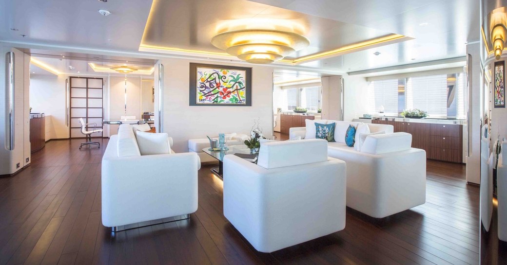 sociable seating area in the main salon of sailing yacht AQUIJO