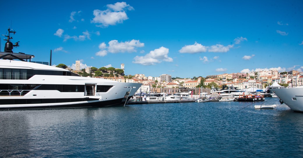 Overview of superyachts berthed in Port Hercule during the Monaco Yacht Show