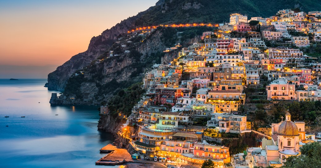 View of Positano during sunset, Amalfi Coast, Campania, Italy