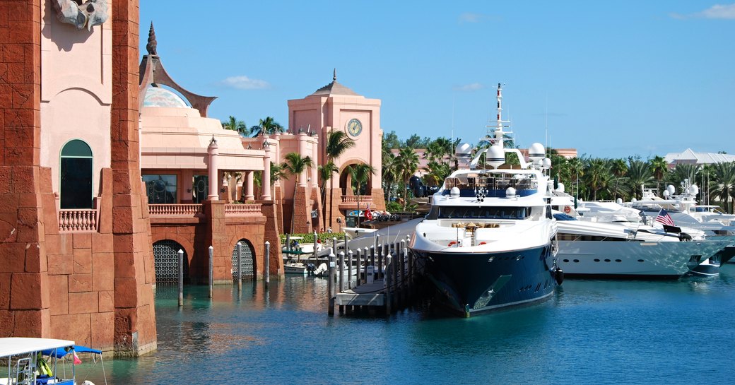 Ground level view of the marina at the Atlantis hotel in the Bahamas