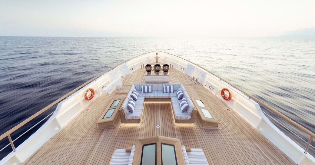 View from bow of explorer yacht 'Blue II' with large decking and sofa area