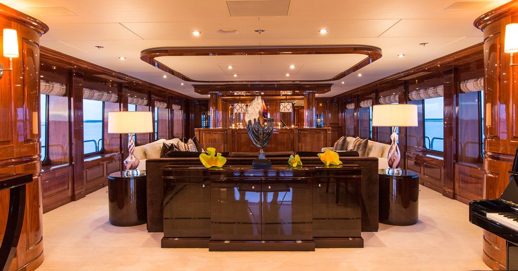 marble floors and high-gloss wall panels in the main salon of superyacht Remember When