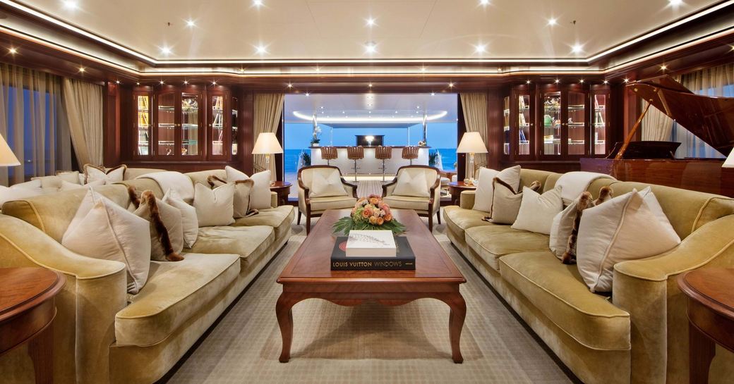 Overview of the main salon lounge onboard private charter yacht GIGIA