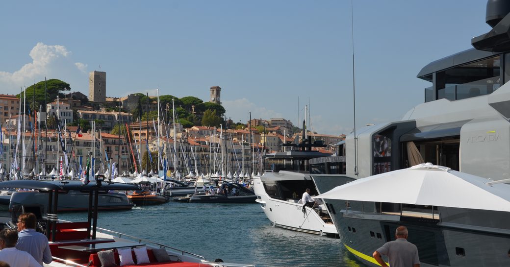 yachts lined up in the Vieux Port for the Cannes Yachting Festival 2018