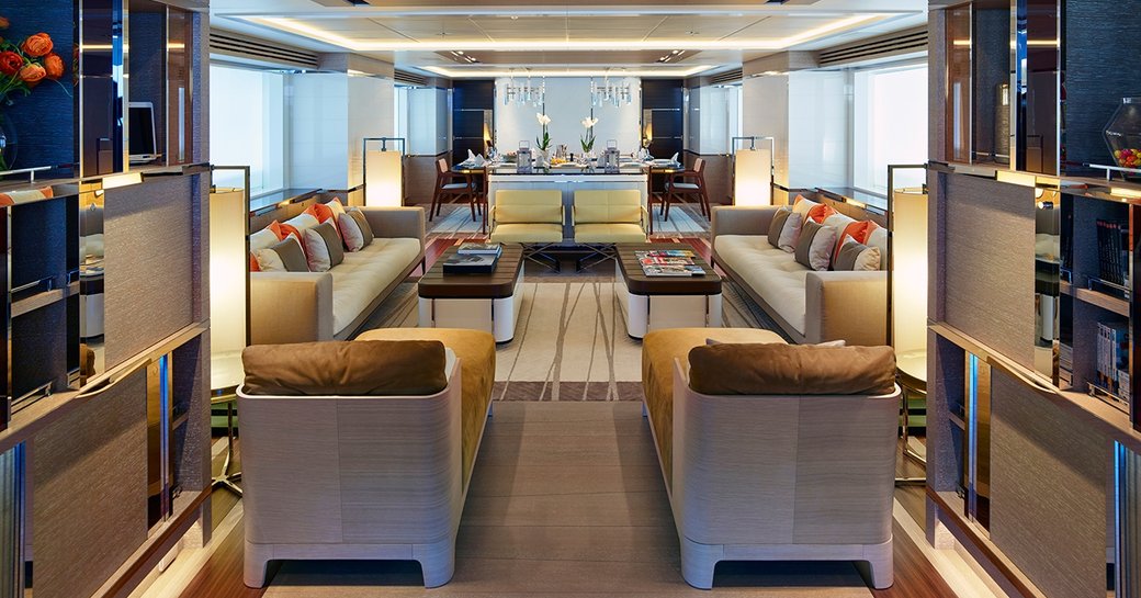 Far Eastern influenced main salon aboard charter yacht ASYA 