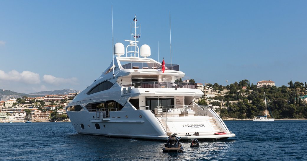 aft view of luxury yacht THUMPER while anchored during a Mediterranean yacht charter