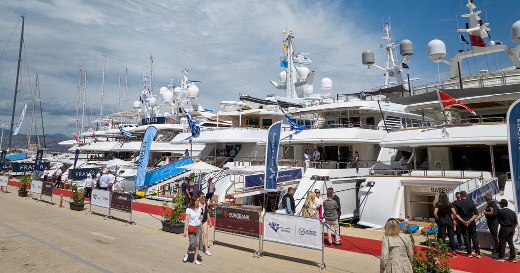 Aft view of private charter yachts berthed at MEDYS