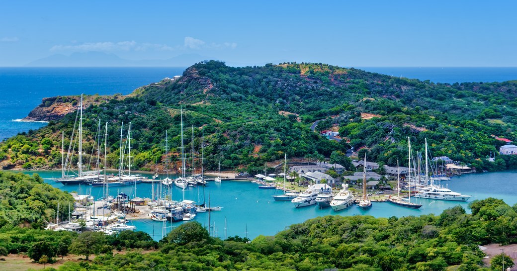 Elevated view of Nelson's Dockyard with sailing yacht charters berthed