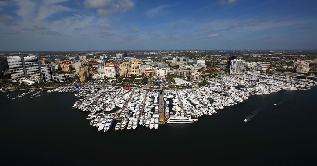 aerial shot of all the superyachts and boats lined up along Flagler Drive for the Palm Beach Boat Show 2018