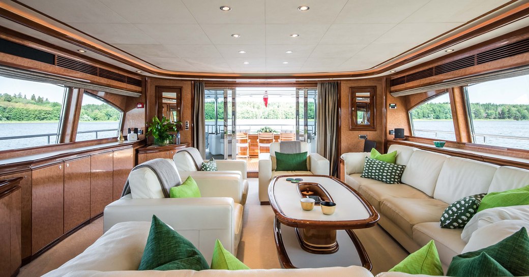 Light and airy interior of Superyacht Queen of Sheba with open patio doors