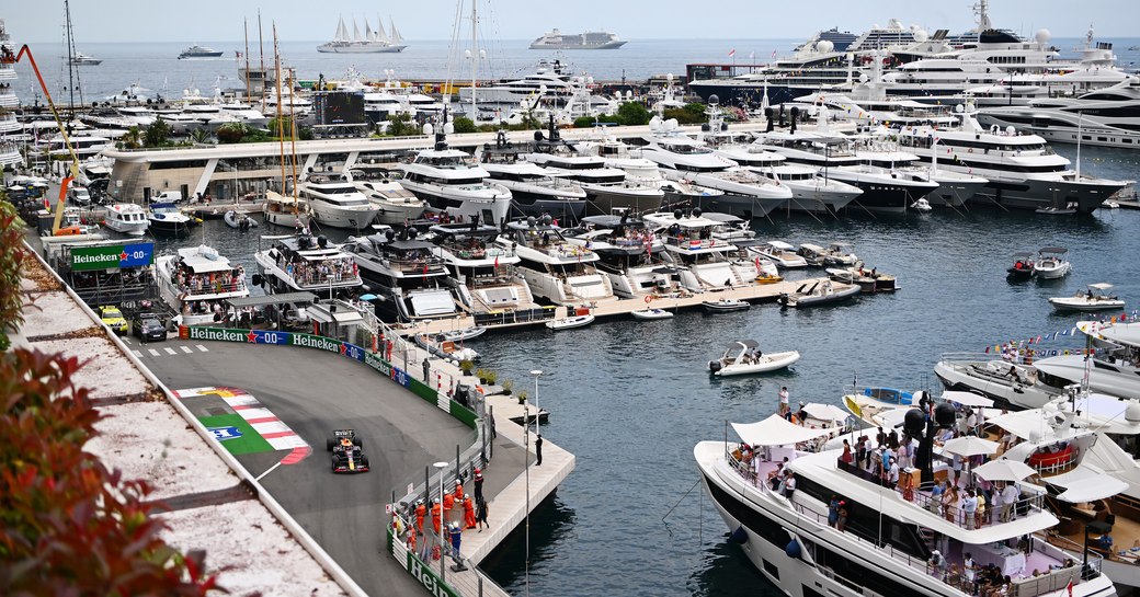 Port Hercule, Monaco, during the Monaco Grand Prix, with many superyacht charters berthed 