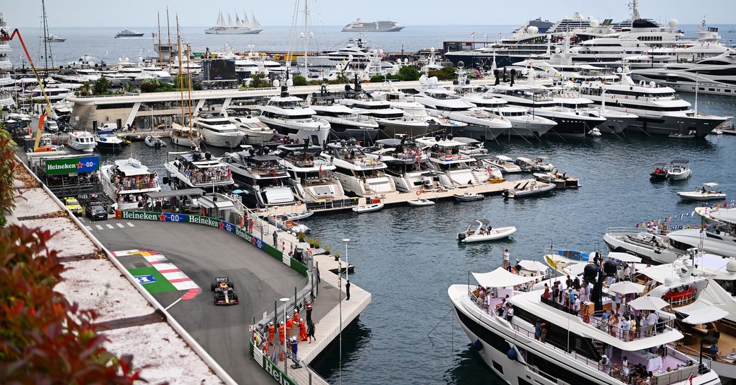 Port Hercule, Monaco, during the Monaco Grand Prix, with many superyacht charters berthed 