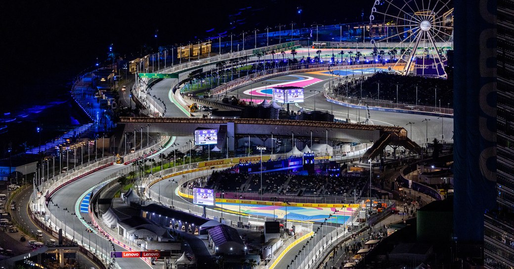 Elevated view looking down over the Jeddah Corniche circuit at night