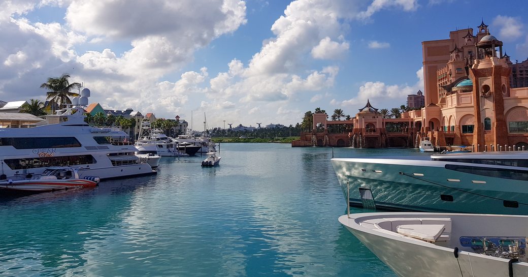 Ground levl view of the marina outside the Bahamas Atlantis hotel, with several charter yachts berthed