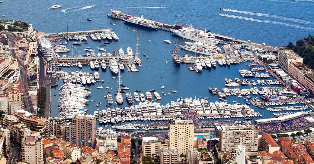 Superyachts berthed at various points around the Monaco Grand Prix racetrack
