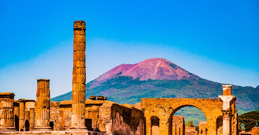 Mount Vesuvius in the background behind Pompeii in Naples, Italy