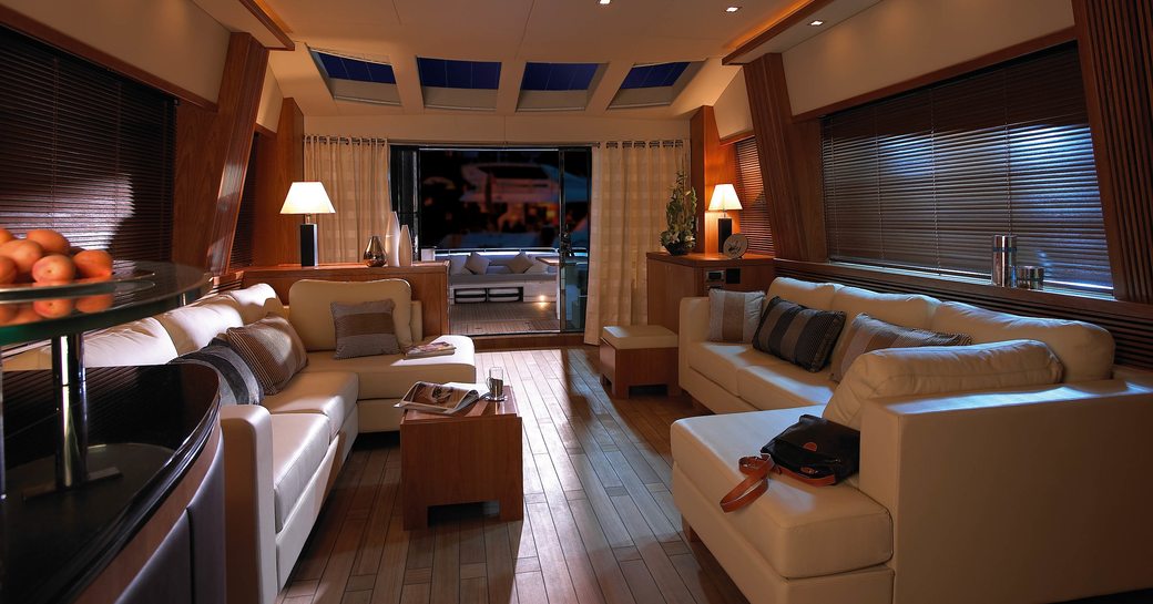 sumptuous open-plan main salon on board sunseeker superyacht ‘Casino Royale’ 
