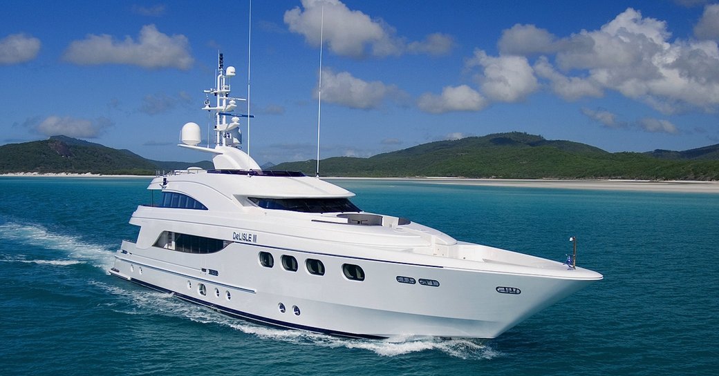 motor yacht ‘De Lisle III’ cruising on a luxury yacht charter in the South Pacific