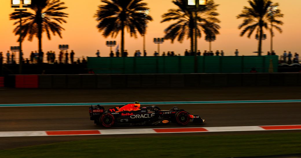 Yas Marina Circuit at twilight with F1 in action