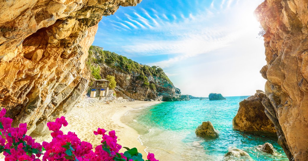 Beautiful view over the sea beach in Corfu island, Pelion, Mylopotamos, Greece