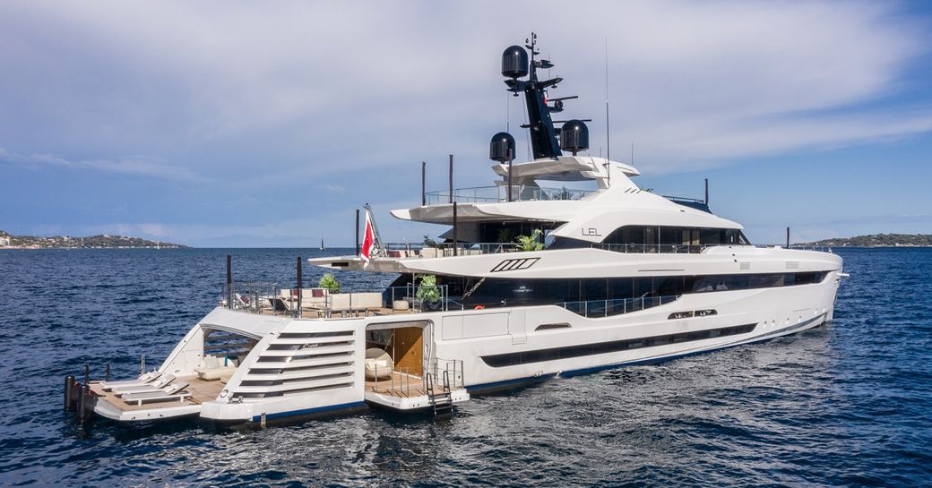 Side view of superyacht charter LEL at anchor