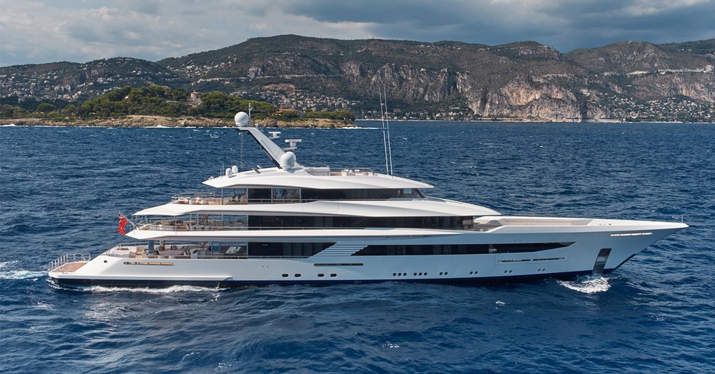 superyacht JOY cuts through the water on a luxury yacht charter in the Mediterranean