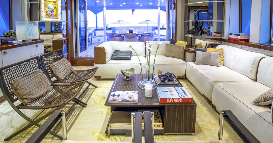 L-shaped sofa in the main salon of expedition yacht ZULU