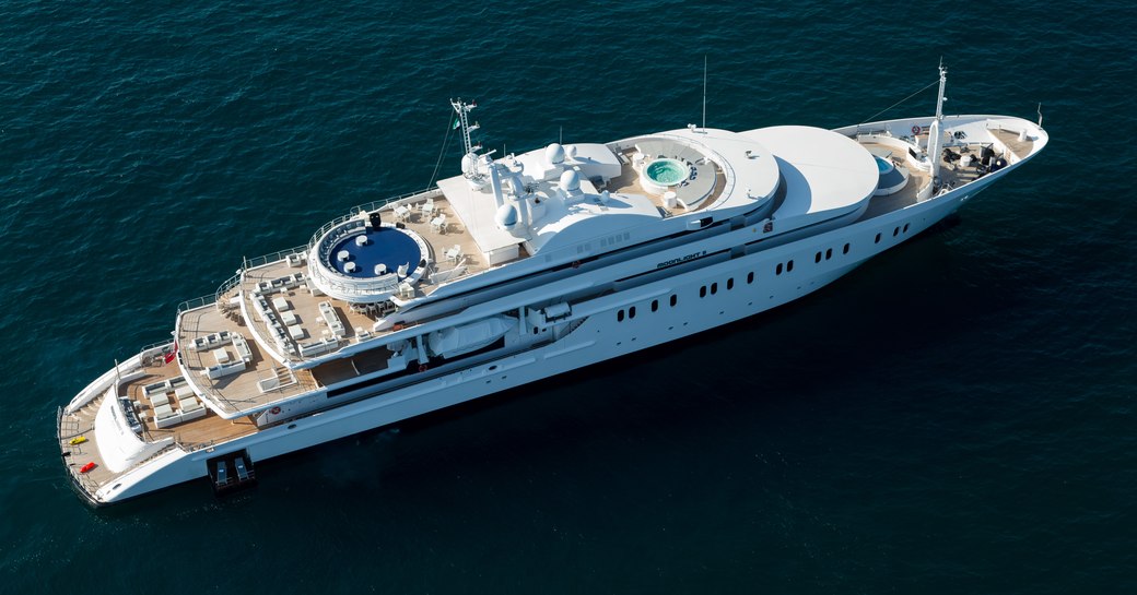 aerial shot of superyacht ‘Moonlight II’ anchored when on charter in the Mediterranean