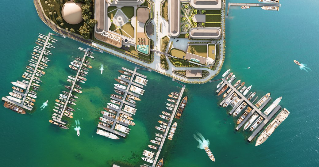Aerial rendering looking down on berths for Bali Benoa Marina