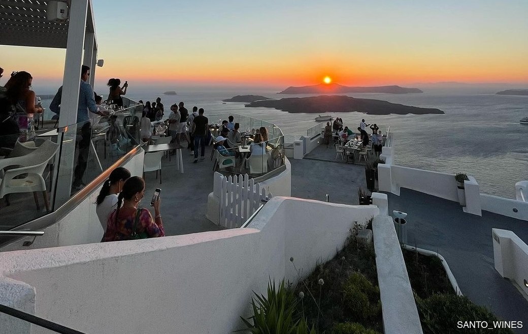 Santo Wines Santorini dining area, sunset