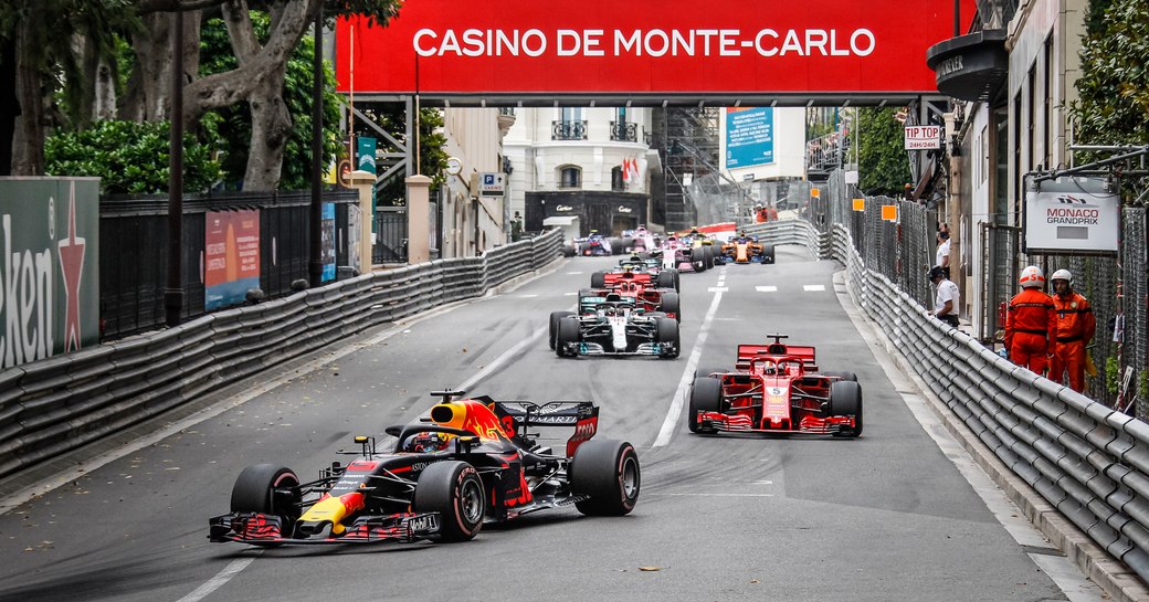 Cars racing on the track in Monaco during Grand Prix