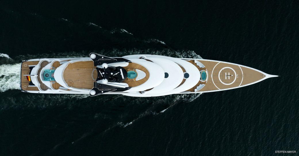 Aerial view looking directly down on superyacht charter KISMET