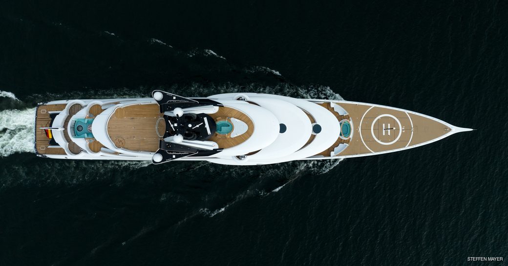 Aerial view looking directly down on superyacht charter KISMET