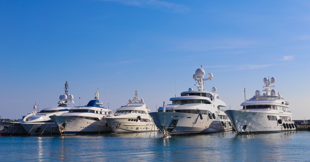 Superyachts lined up in Cannes' Old Port (Vieux Port) for the Cannes Film Festival