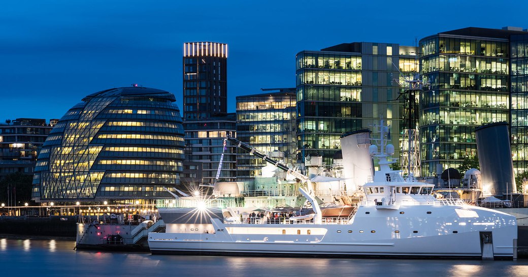 support vessel Game Changer cruise along the River Thames in London