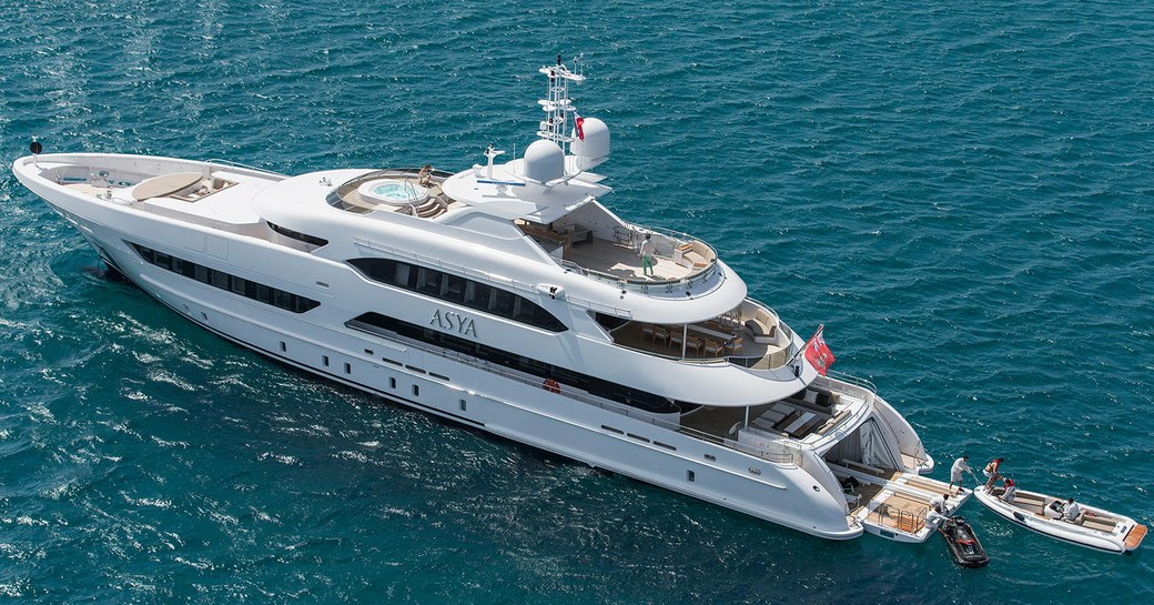 superyacht ASYA anchors in the Mediterranean during a charter vacation