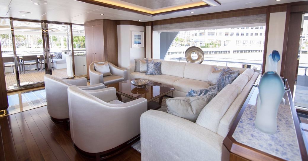 seating area in the main salon of motor yacht The Rock 