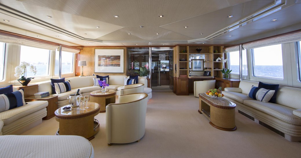 lounging areas in the main salon aboard superyacht Lady Ellen II