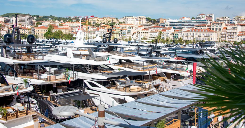 Vieux Port Cannes overview with motor yacht charters berthed