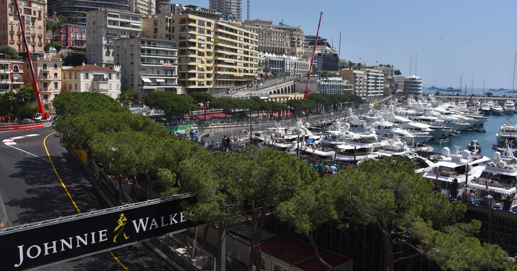 Yachts lined up in Port Hercules at the Monaco Grand Prix