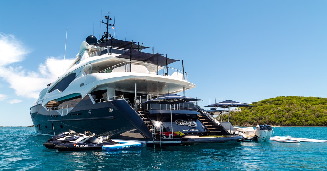 water toys gather around superyacht Take 5 when anchored on a luxury yacht charter